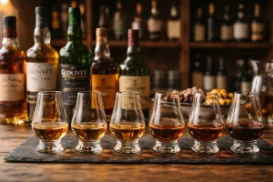 Whiskyprovning med olika sorter från Skottland och Irland i provningsglas